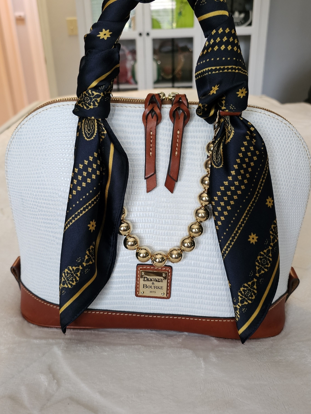 Dooney & Bourke White Textured Satchel with Navy and Brown Accents